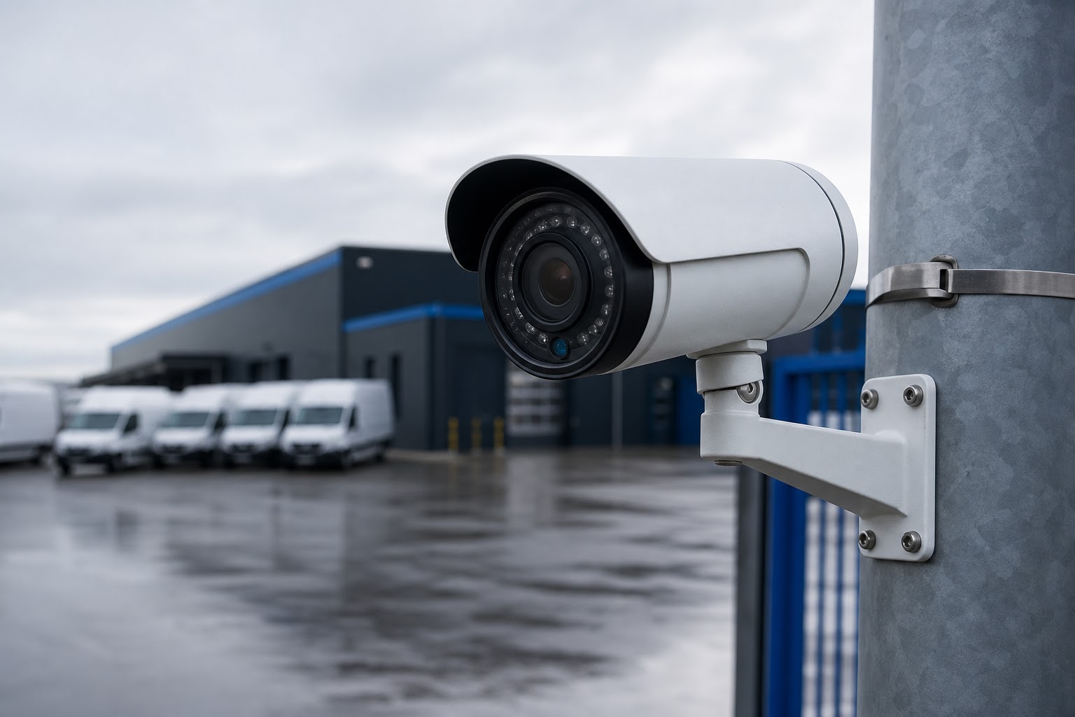 Bezpečnostná kamera CCTV na stĺpe pri vstupe do areálu