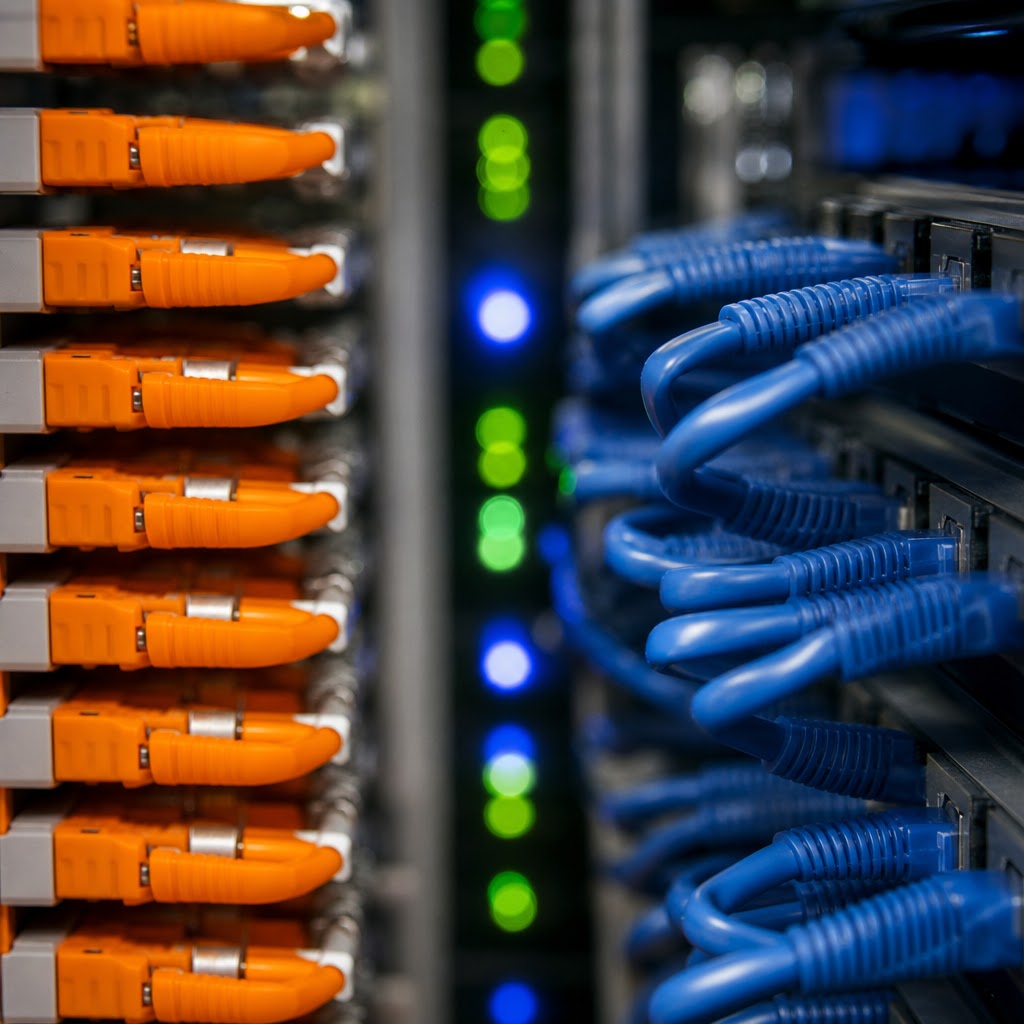 Detail optického vlákna a metalickej kabeláže v rozvádzači