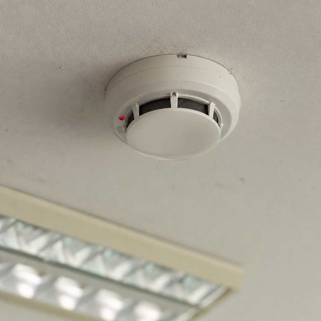 Detail požiarneho hlásiča elektrickej požiarnej signalizácie na strope