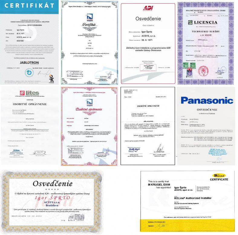 Certifikáty a oprávnenia ACSYS – Jablotron, Lites, Panasonic, KELine, licencia technickej služby