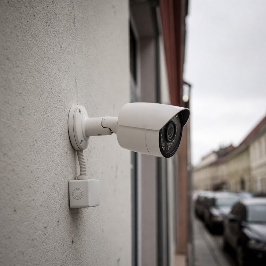 Detail bezpečnostnej kamery CCTV na fasáde budovy